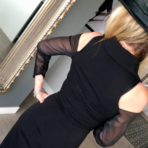 CACHE LBD Cold shoulder collar wrap Midi Dress zipper & gathers Stretch body S - Picture 8 of 15